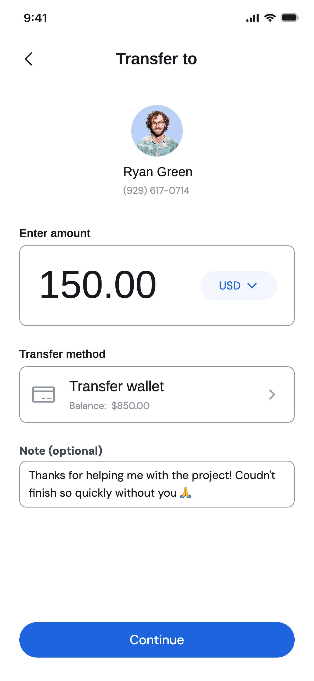 Transfer money - Input message