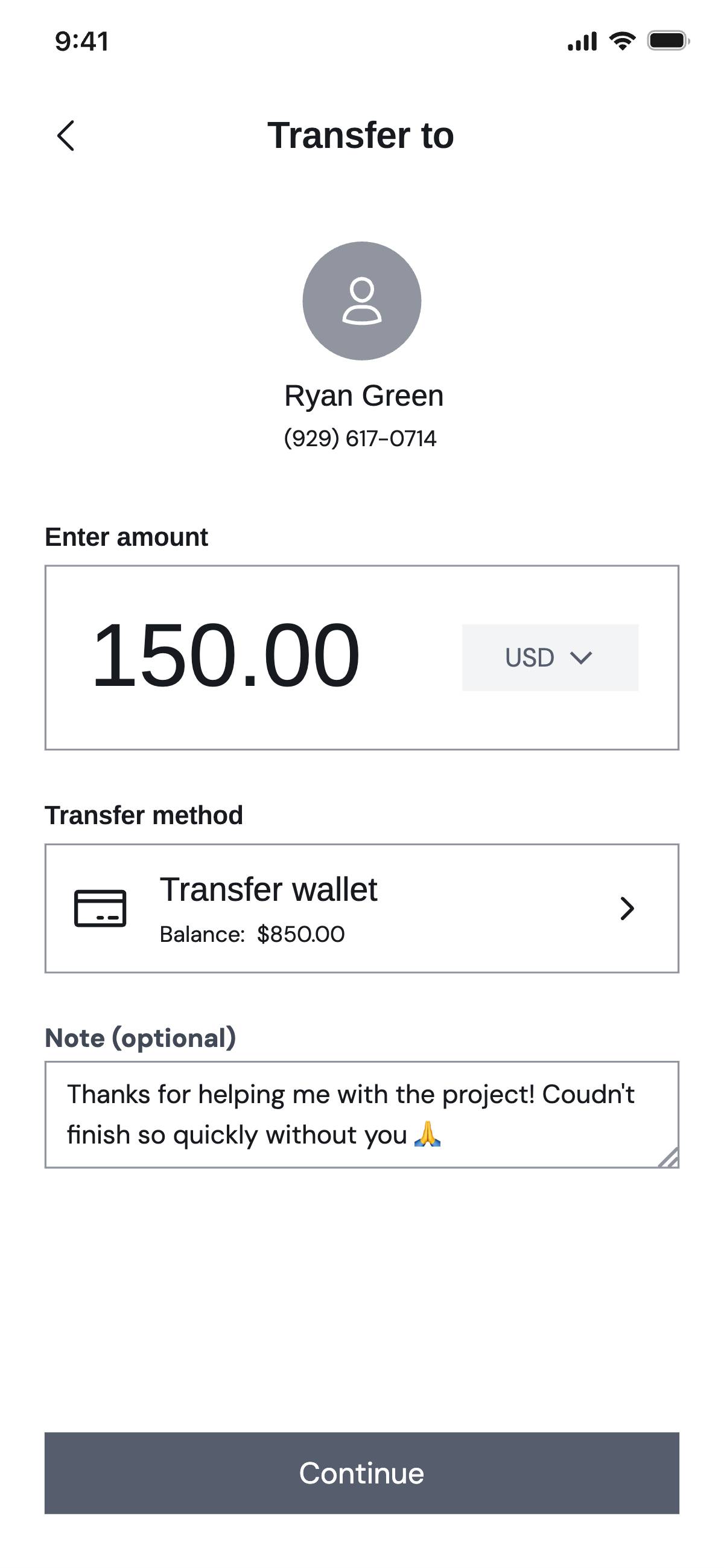 Transfer money - Input message