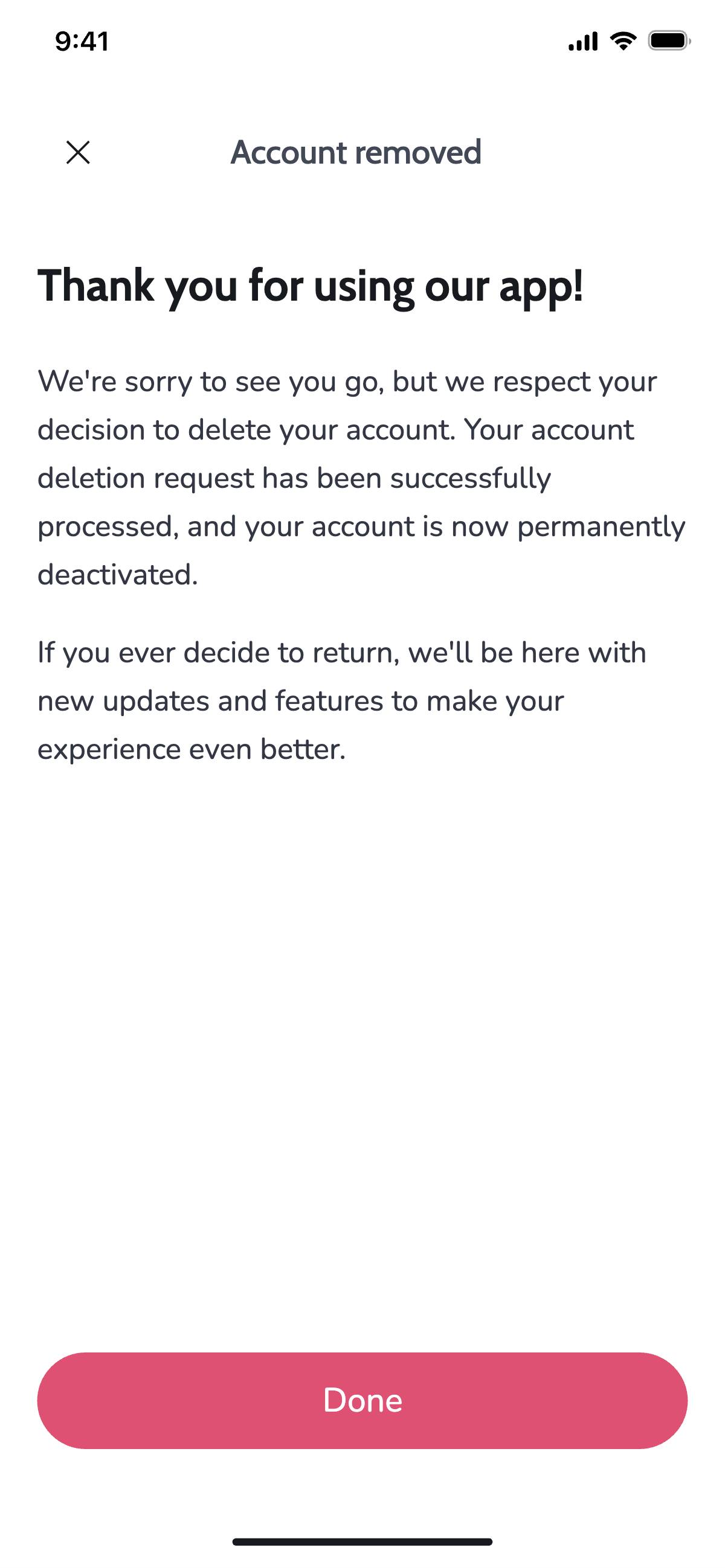 Delete account -  Success