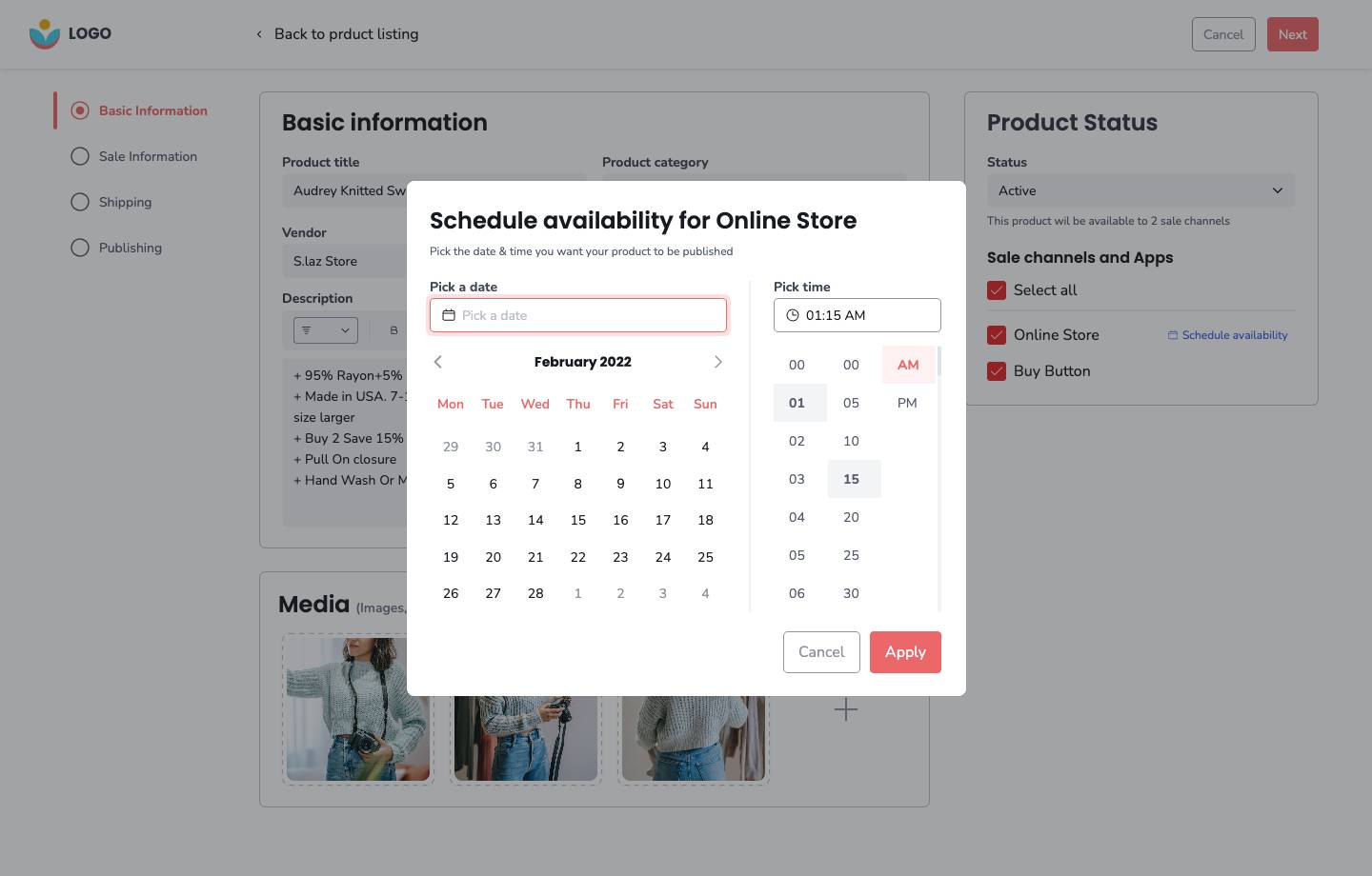 Create product - Select date for publishing