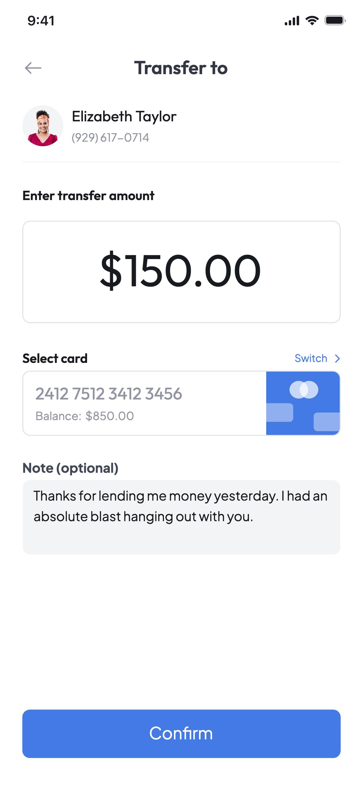 Transfer money - Input a message