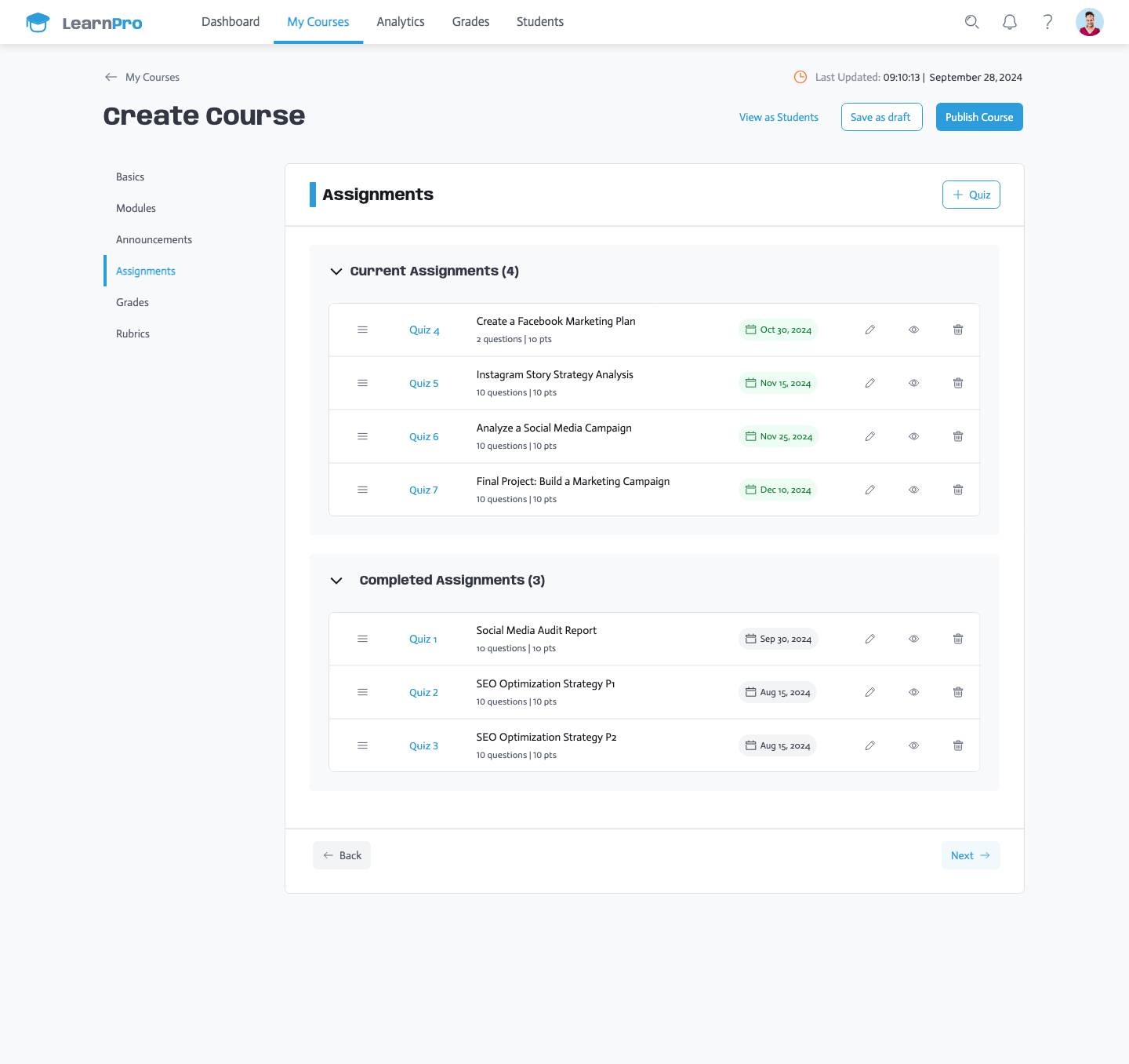 Create a Course - Assignments