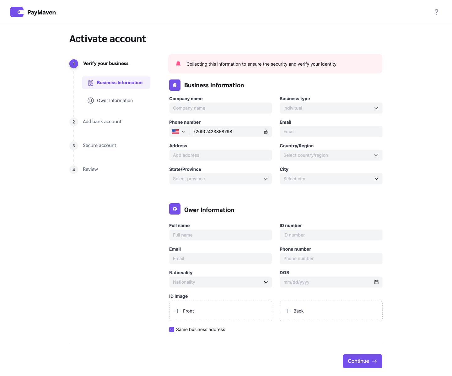 Activate account -  Verify business