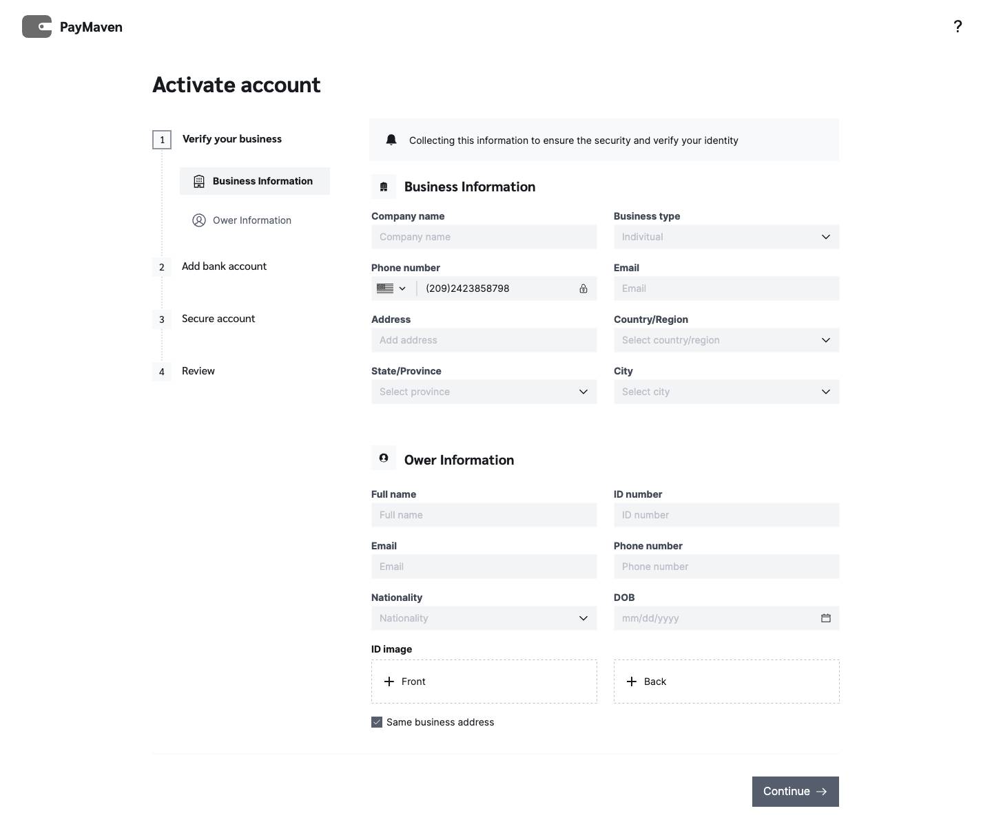 Activate account -  Verify business