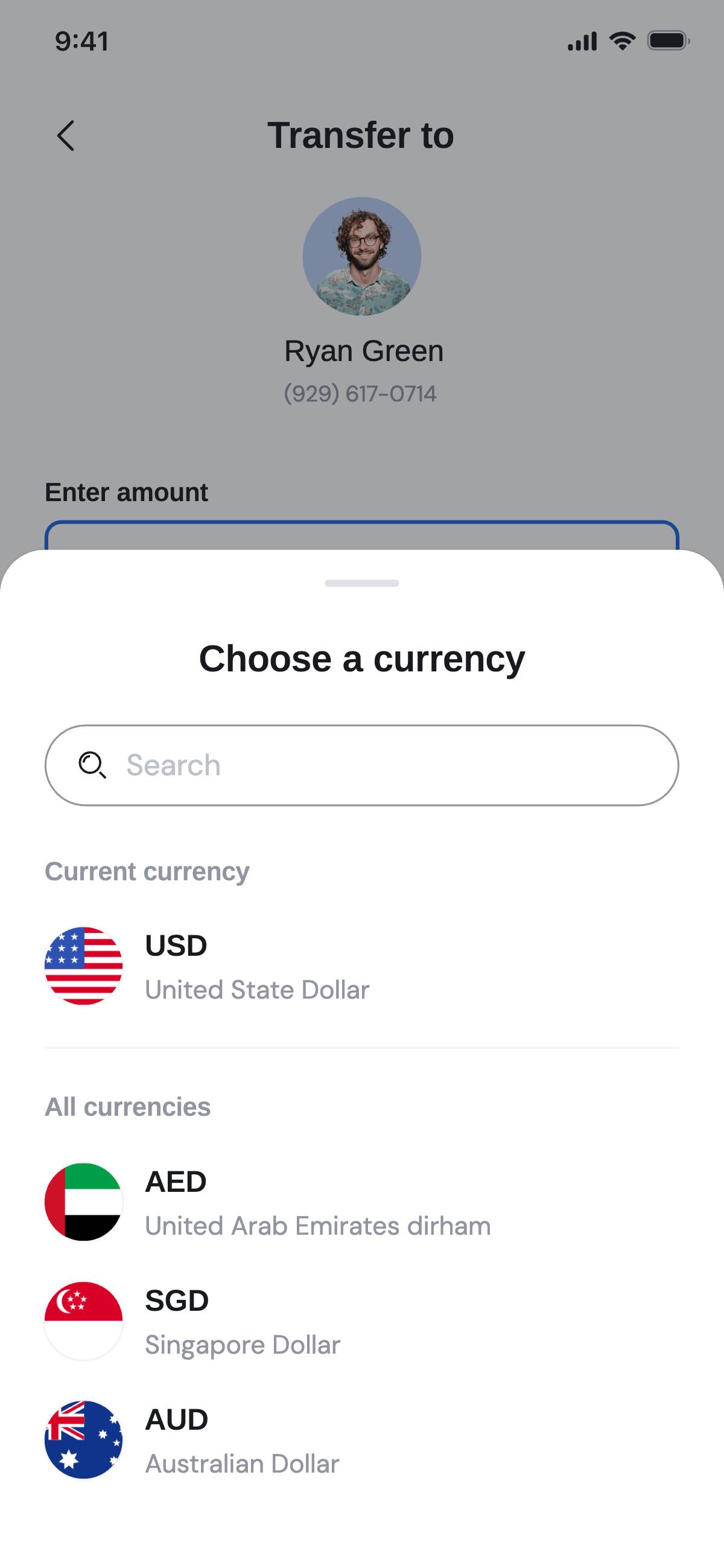 Transfer money - Select currency