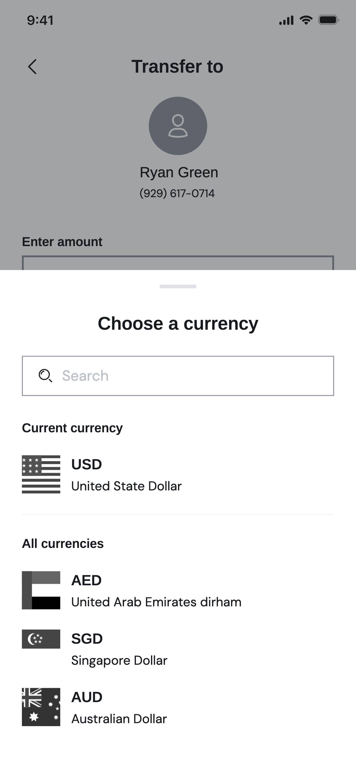 Transfer money - Select currency