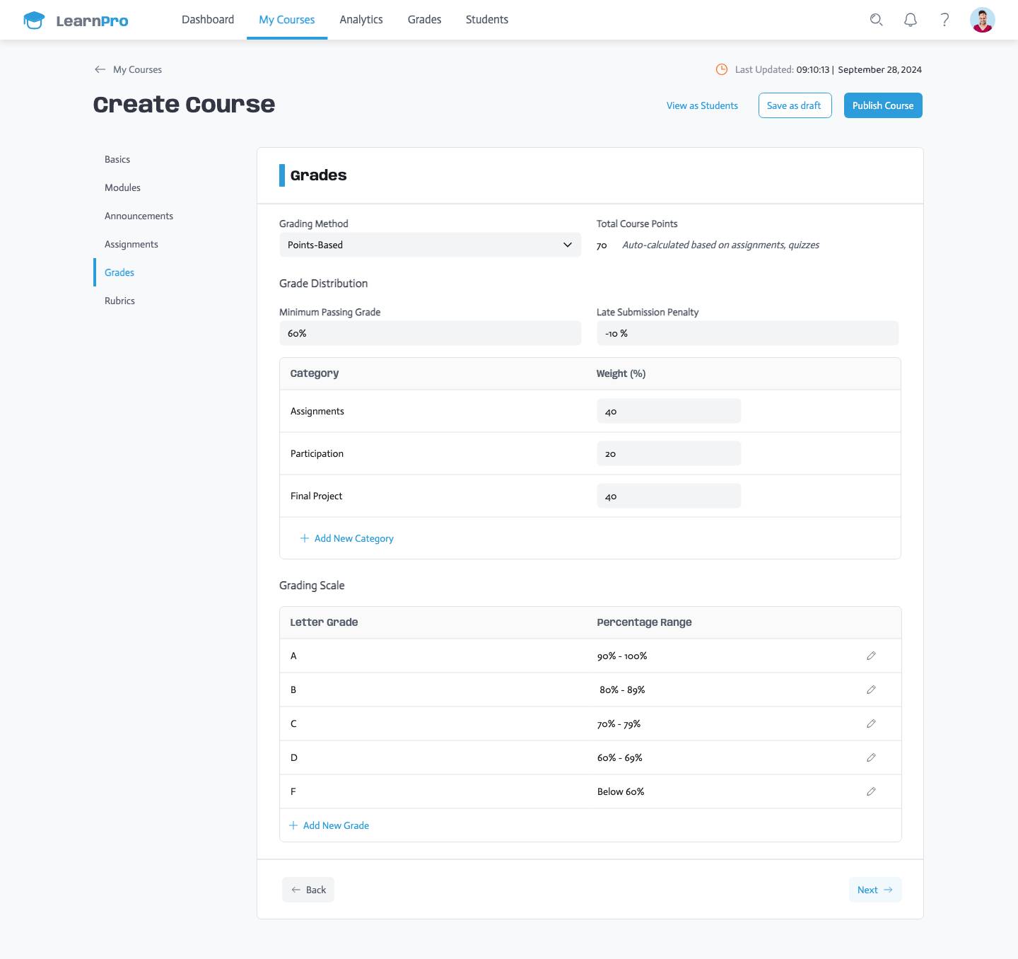 Create a Course - Grades