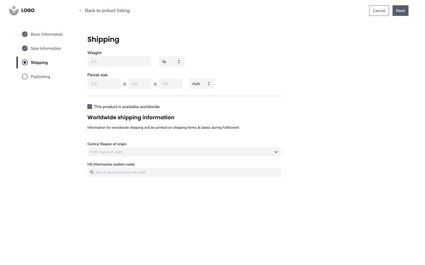 Create product - Shipping information