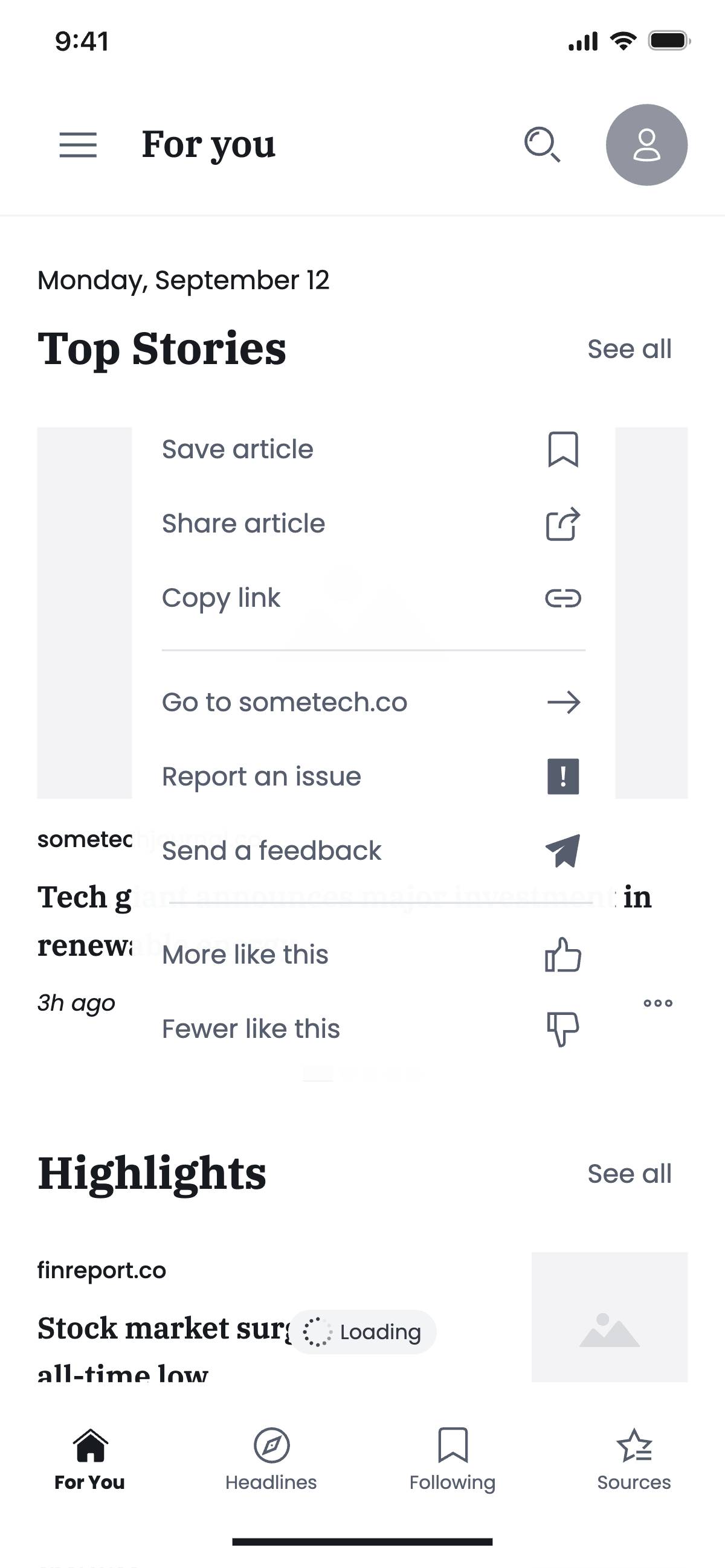 Article's actions menu