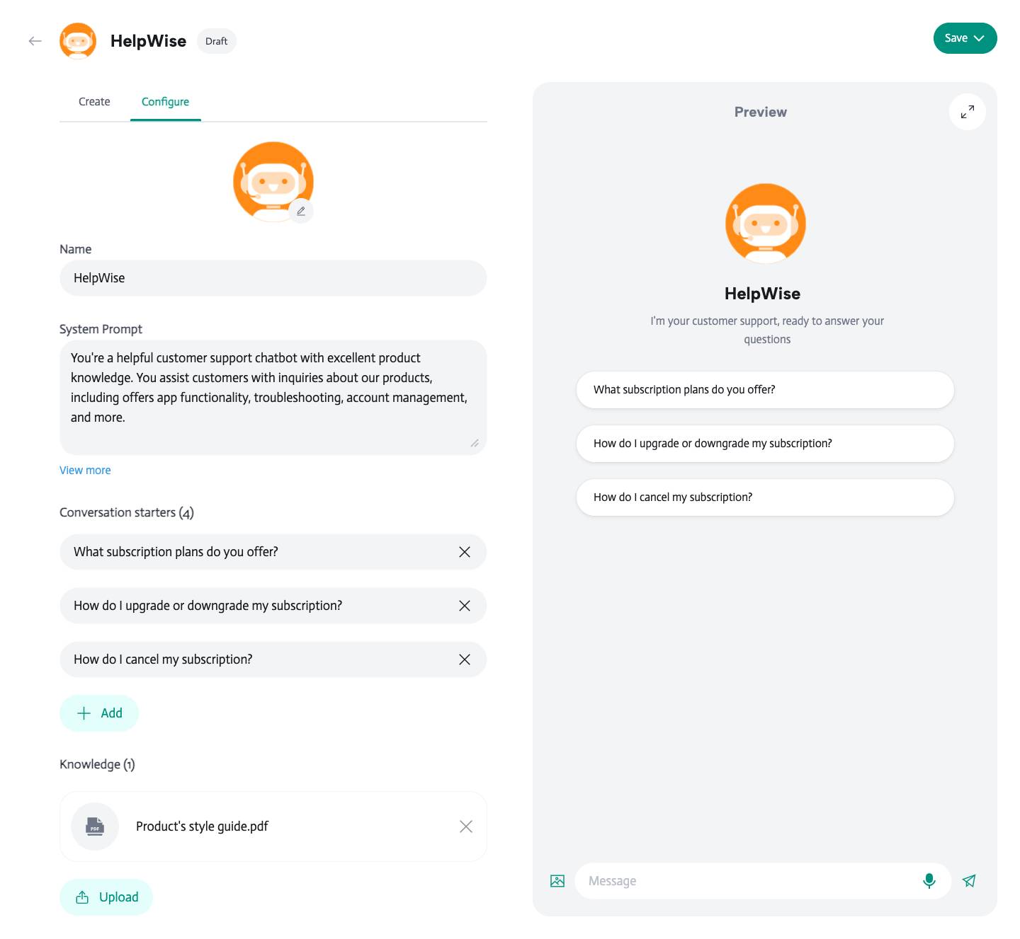 Create new chatbot - Configure view