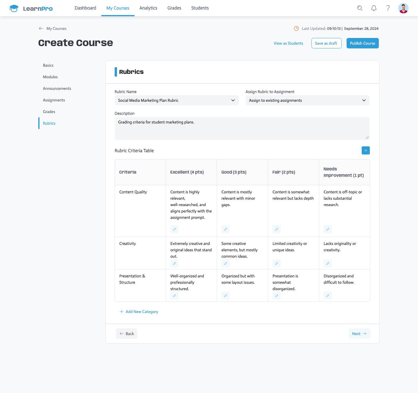 Create a Course - Rubrics