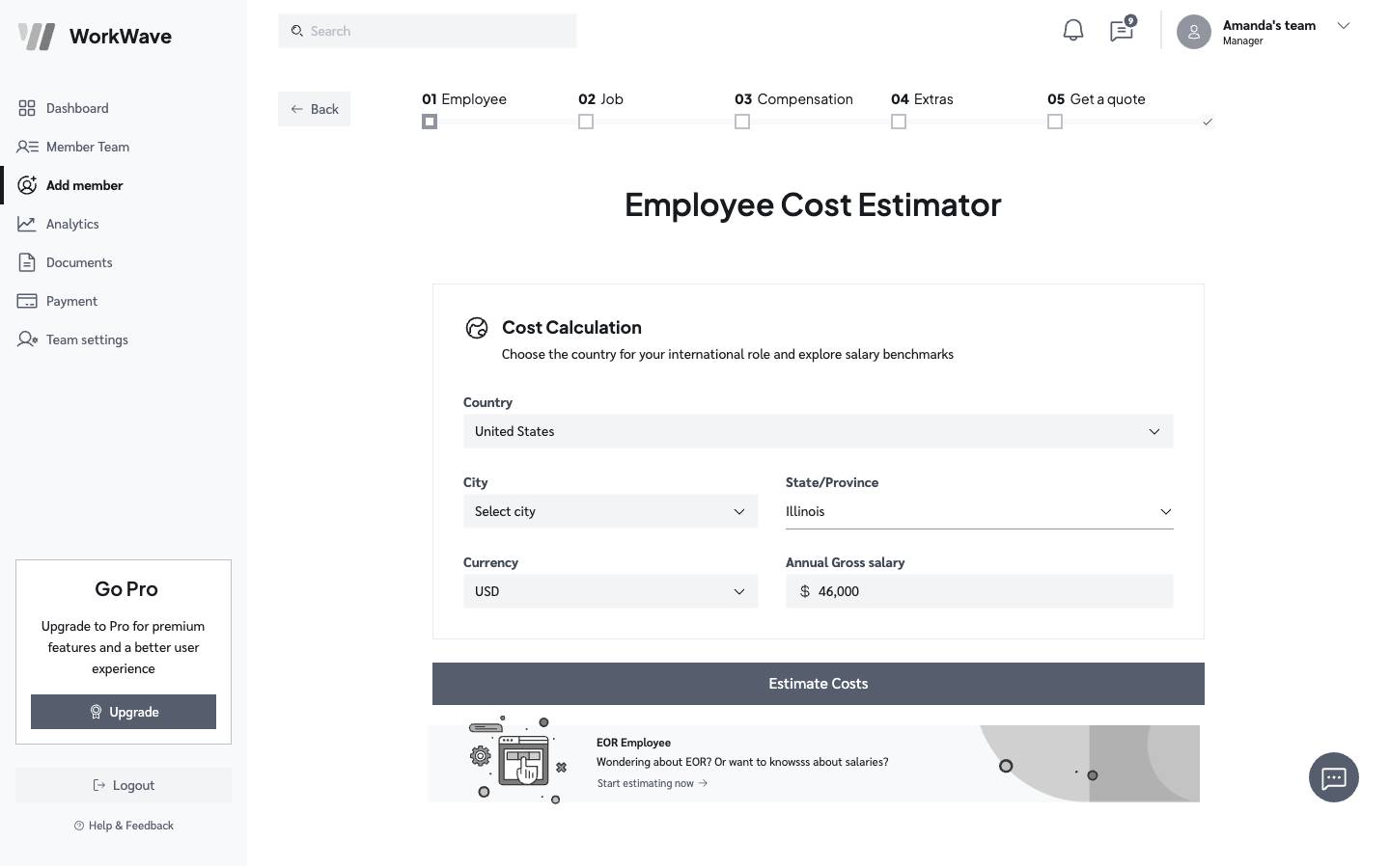 Create contract - Cost estimation