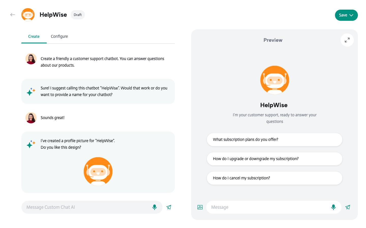 Create new chatbot - Create view