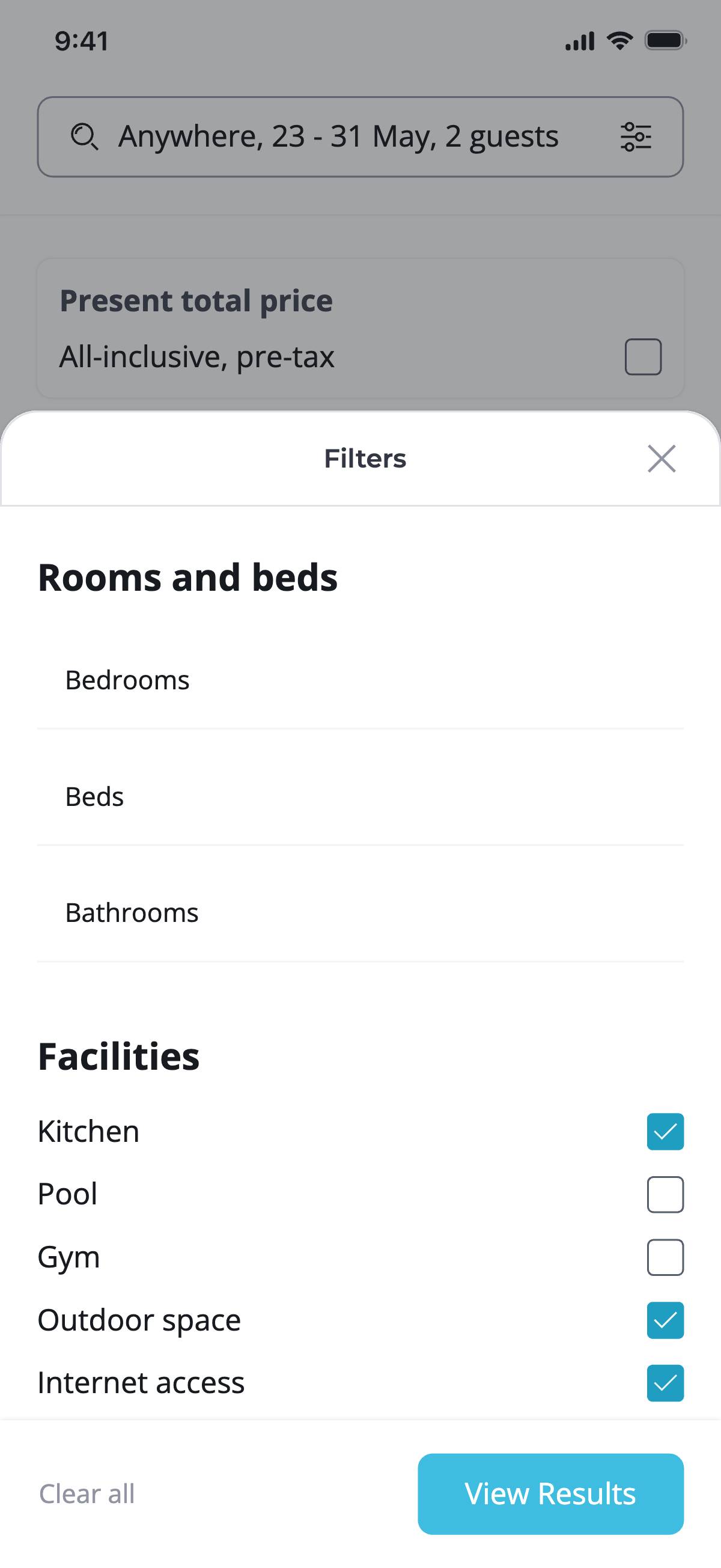 Filters of results  - Facilities