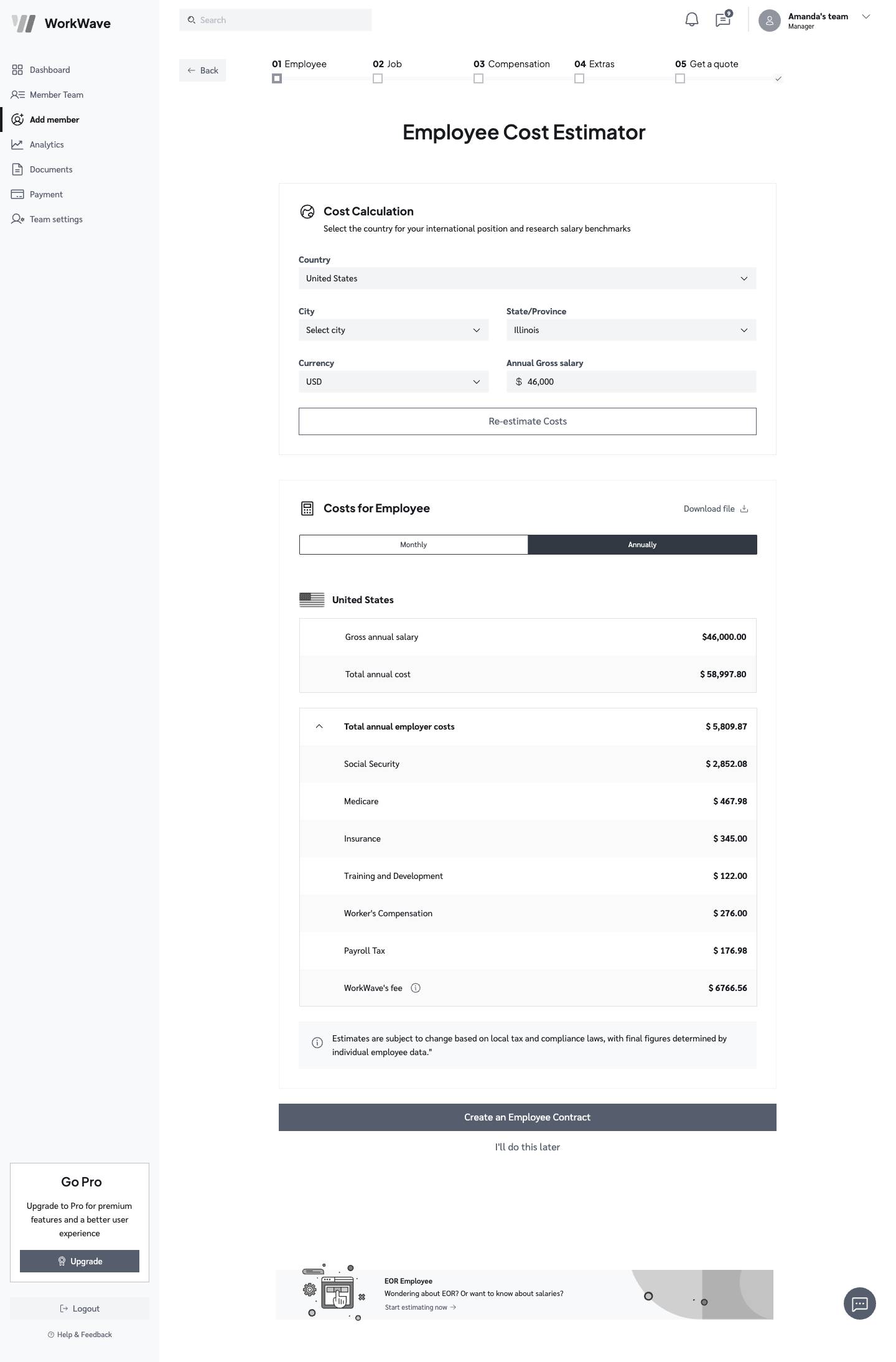 Create contract - Cost estimation details