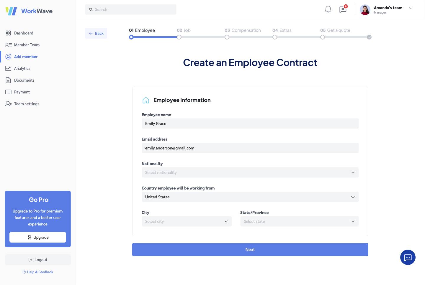 Create contract -  Employee information