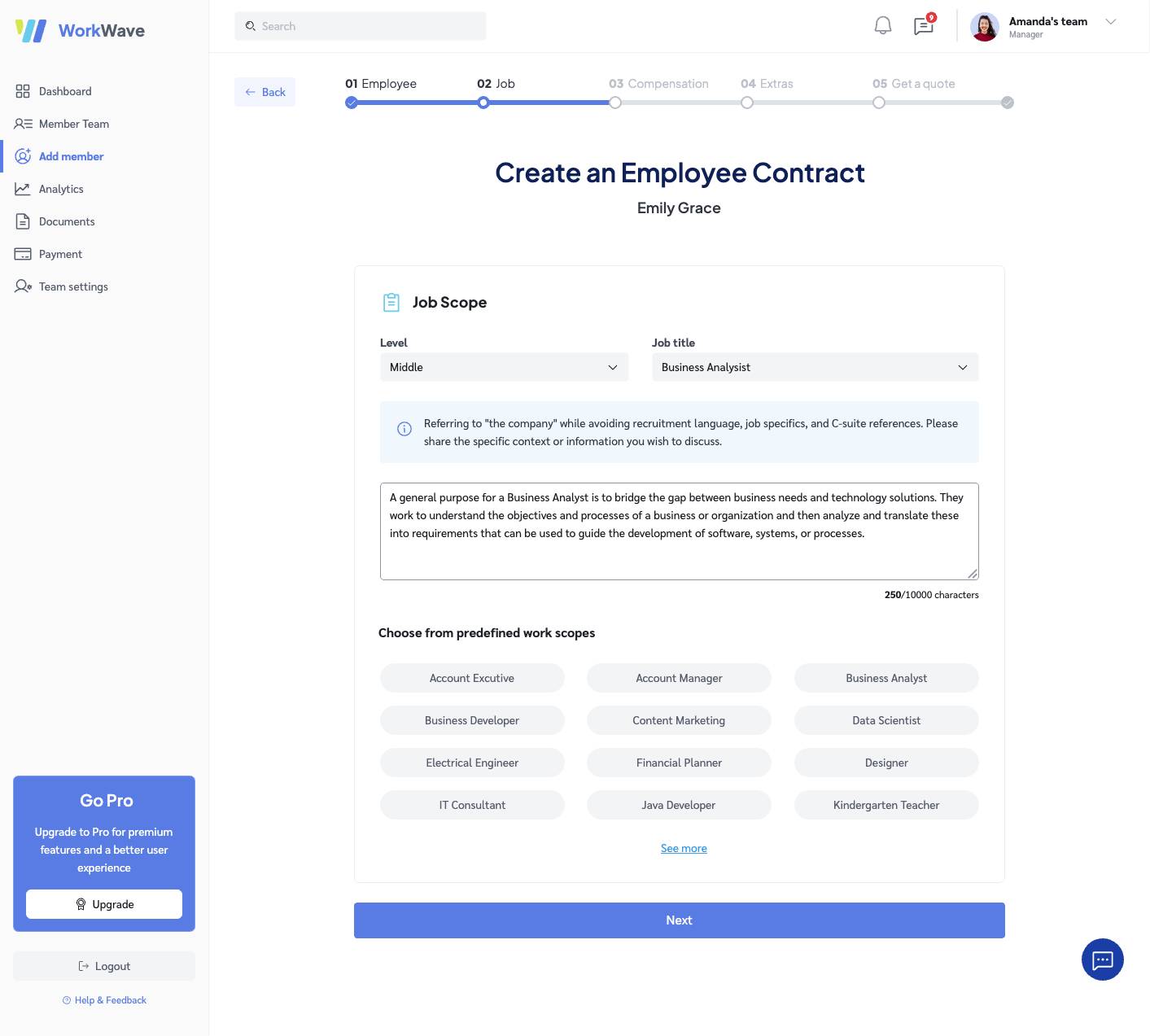 Create contract - Job details