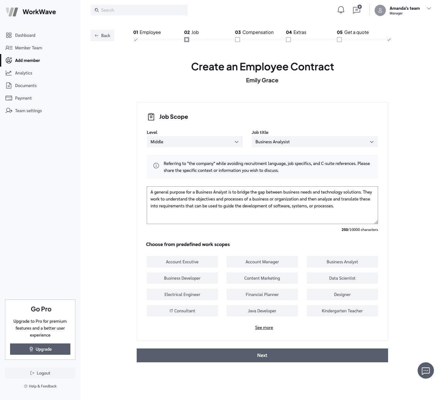 Create contract - Job details