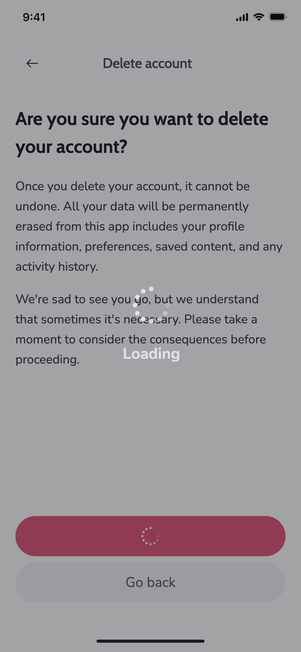 Delete account - Loading
