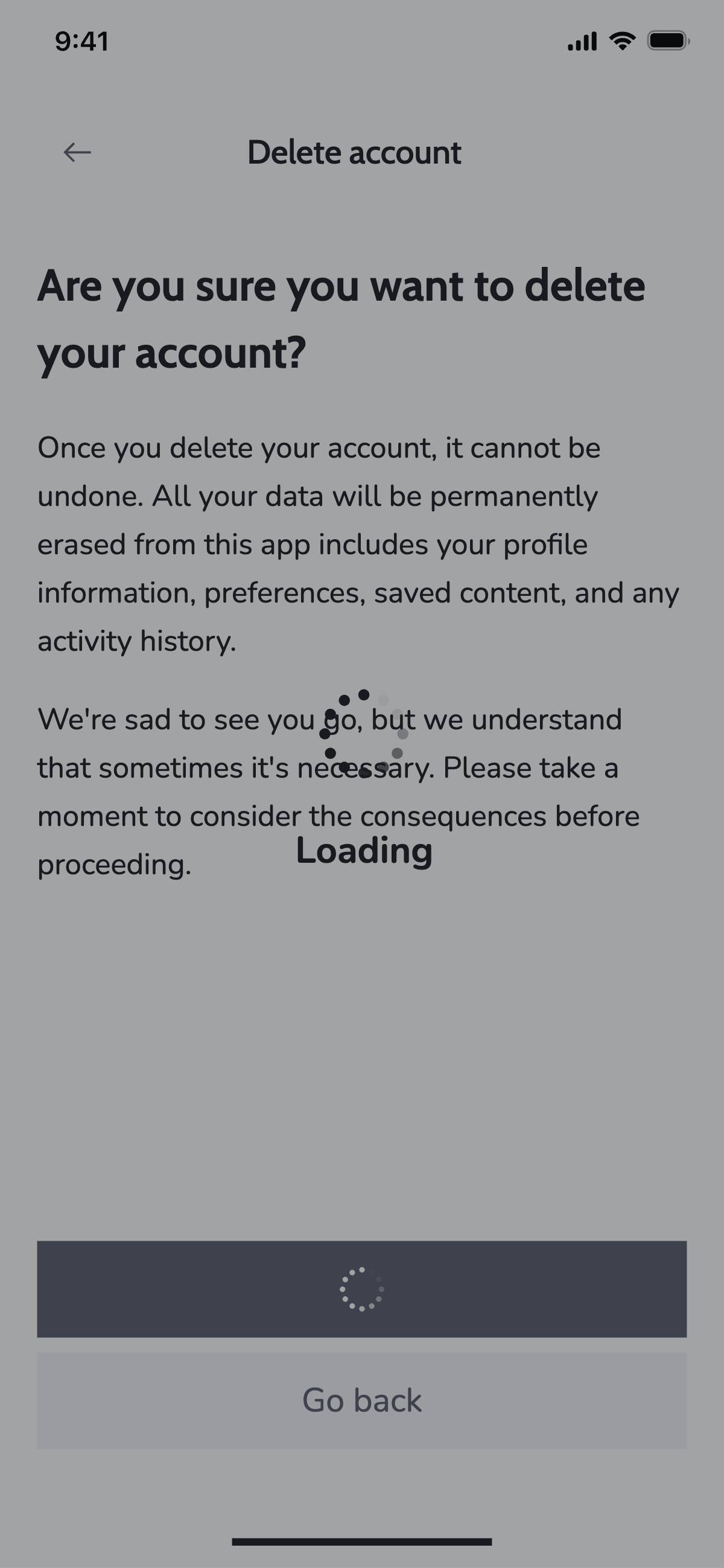 Delete account - Loading