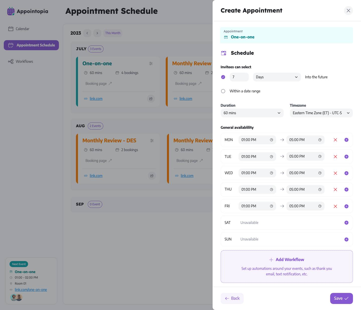 Create an appointment - Available schedules