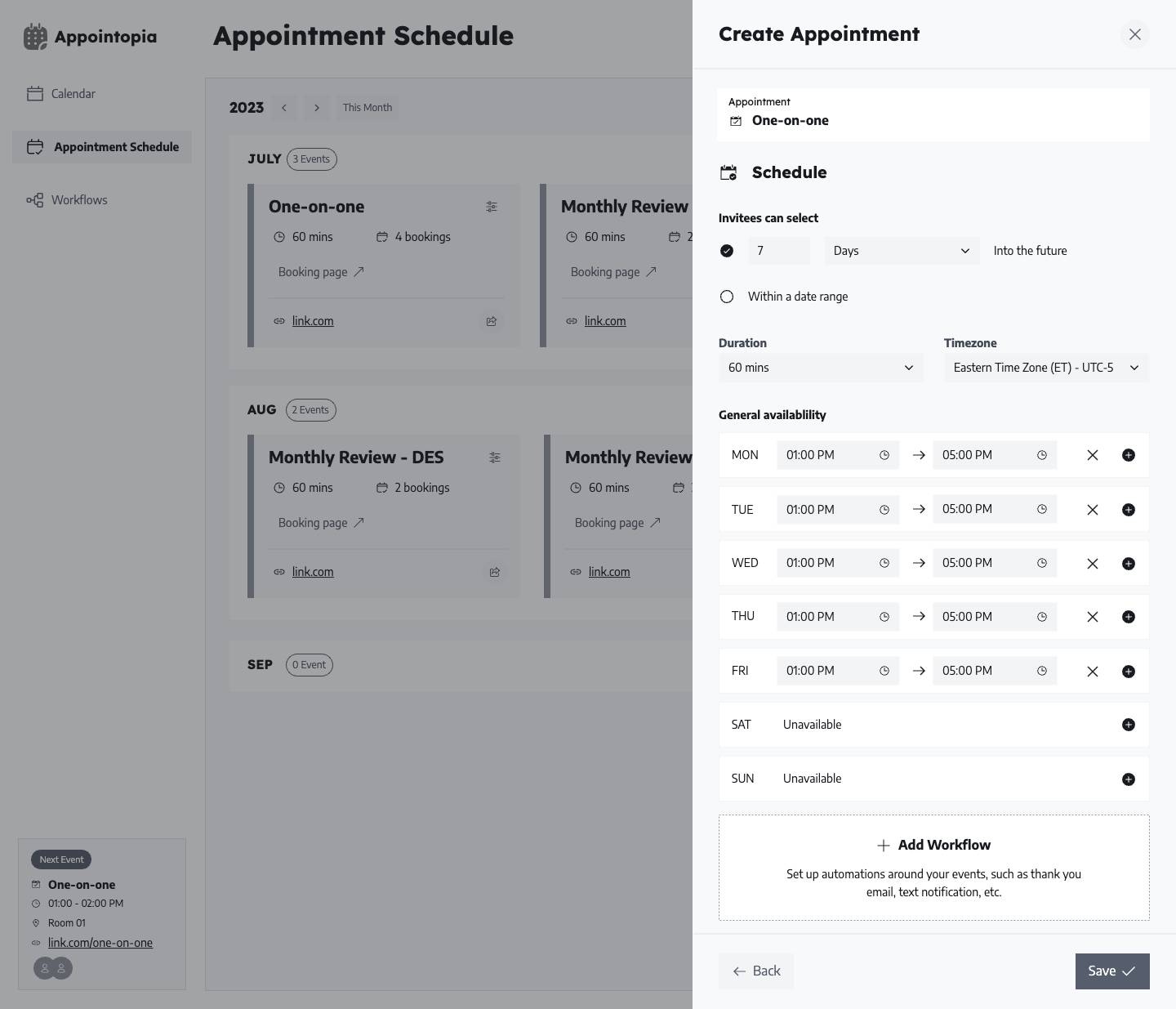 Create an appointment - Available schedules
