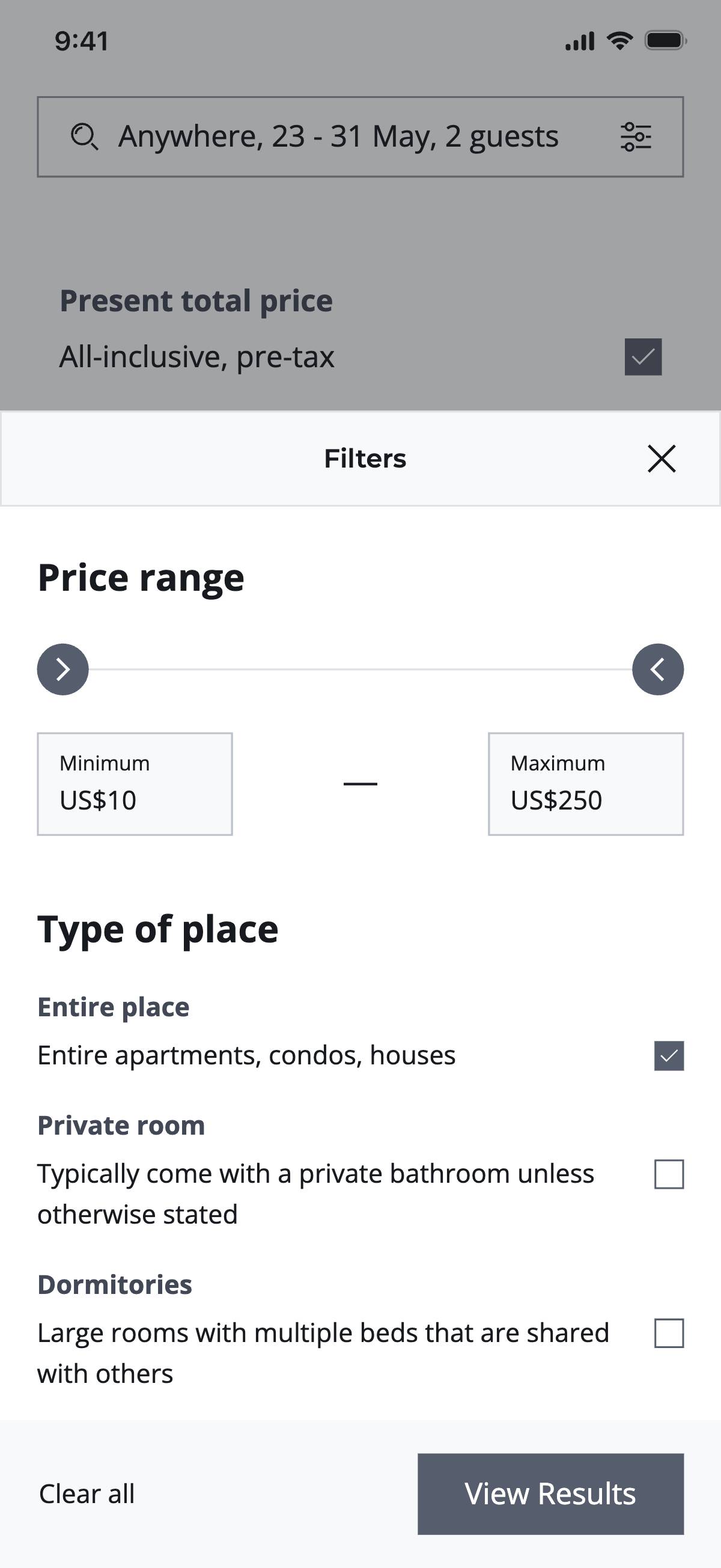 Filters of results  - Type of place