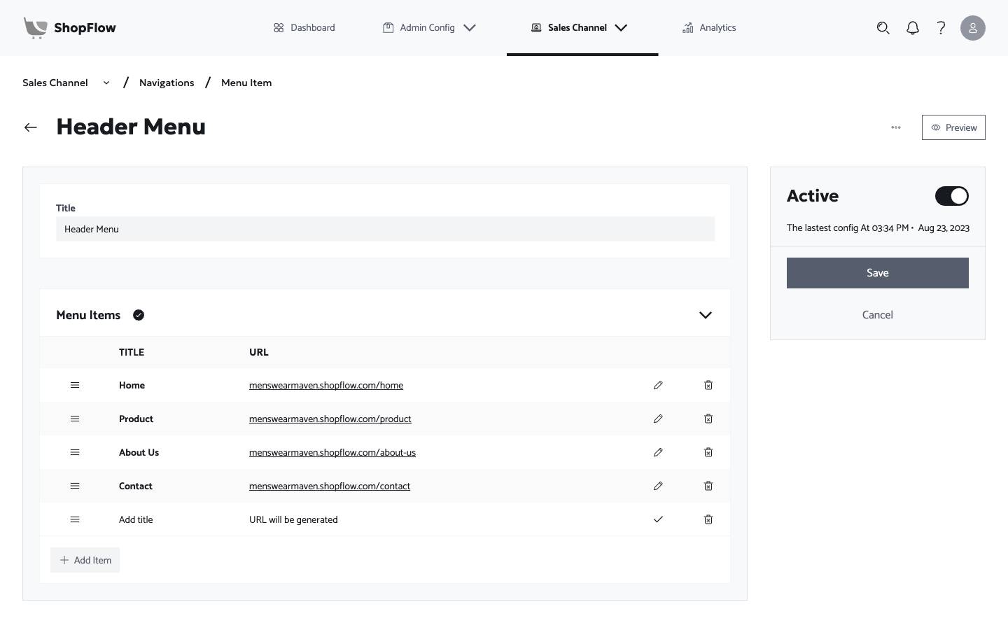 Sales channel - Navigation details